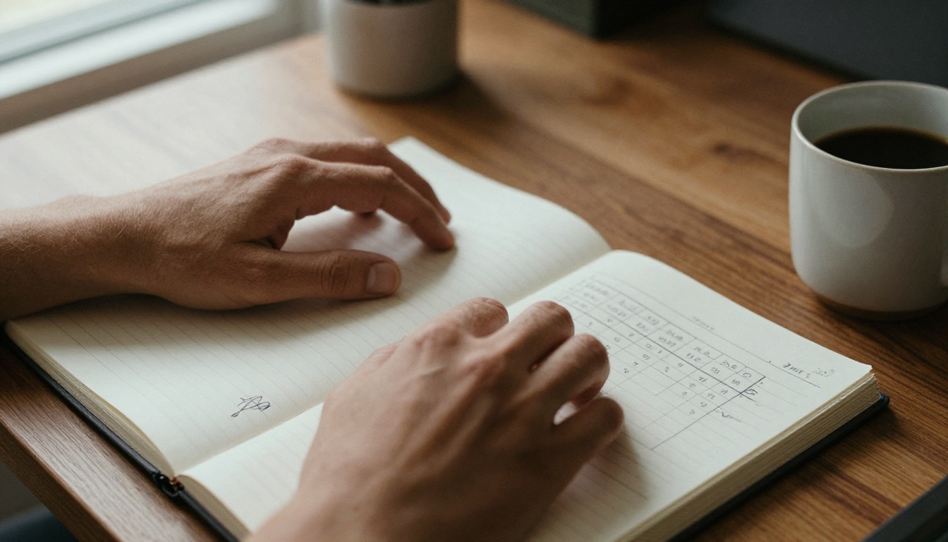 Two hands typing on a laptop beside a notebook full of pencil tally marks and a hand-drawn grid