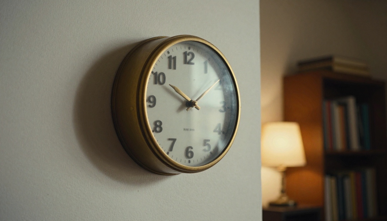 A round vintage wall clock with brass hands showing midnight in a dim room lit by a warm desk lamp
