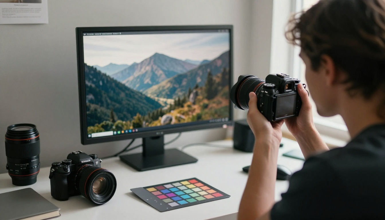 A photographer in a daylight studio studying a calibrated monitor showing a blurred mountain landscape