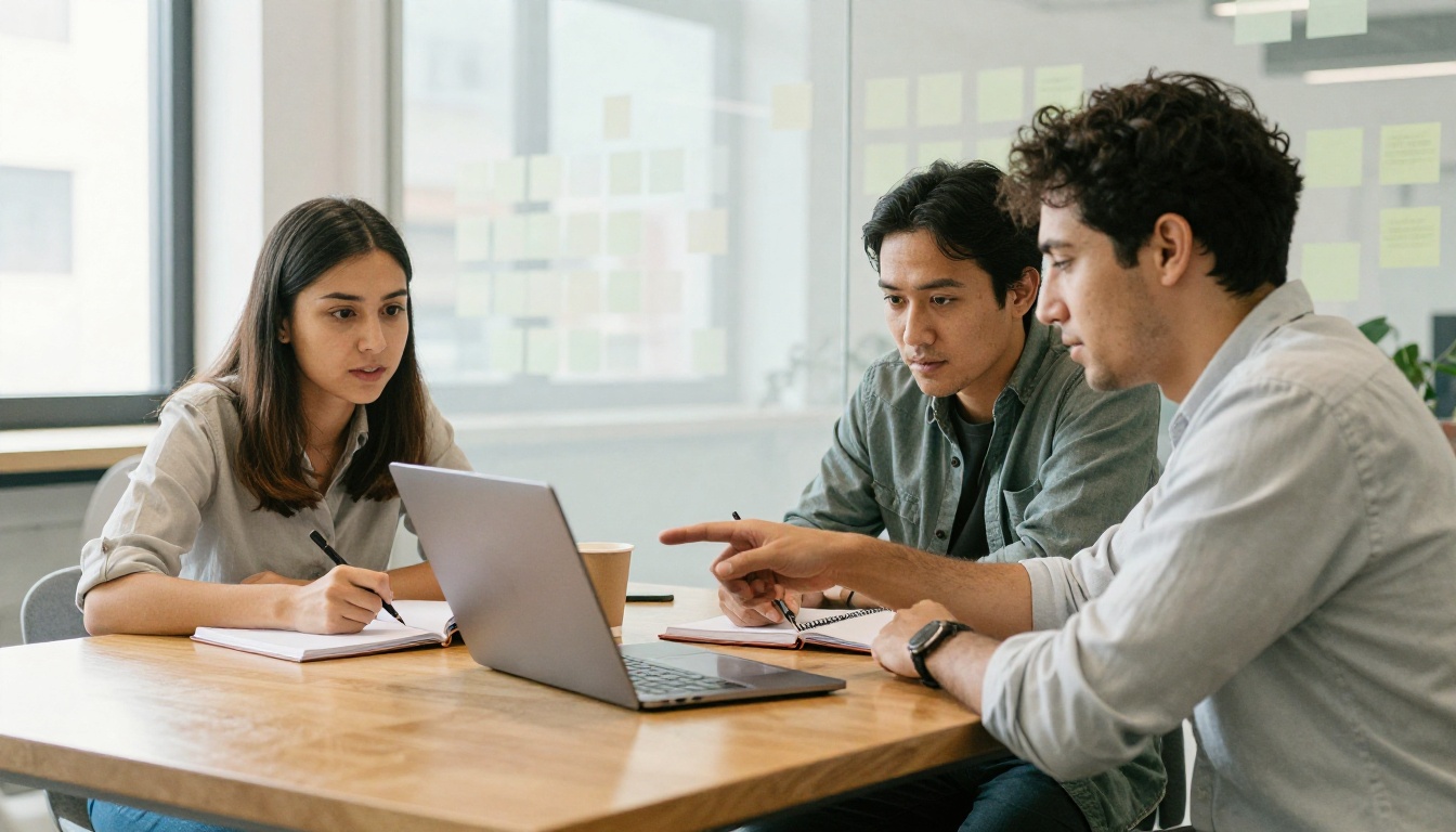 Three colleagues around a light oak table, one pointing at a laptop while the others take notes