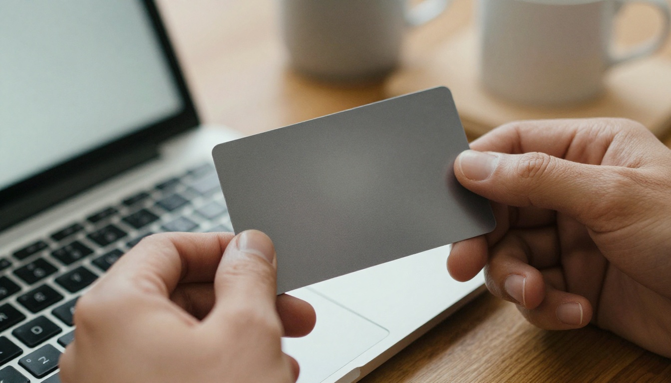 A hand holding a plain dark metal card above a laptop keyboard on a tidy desk