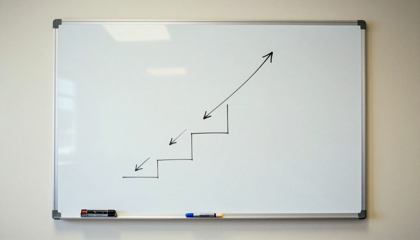 A whiteboard with a black marker sketch of three ascending steps connected by arrows