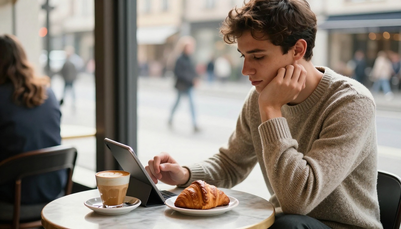 A young man in a sunlit café using a tablet on a stand beside a latte with foam art