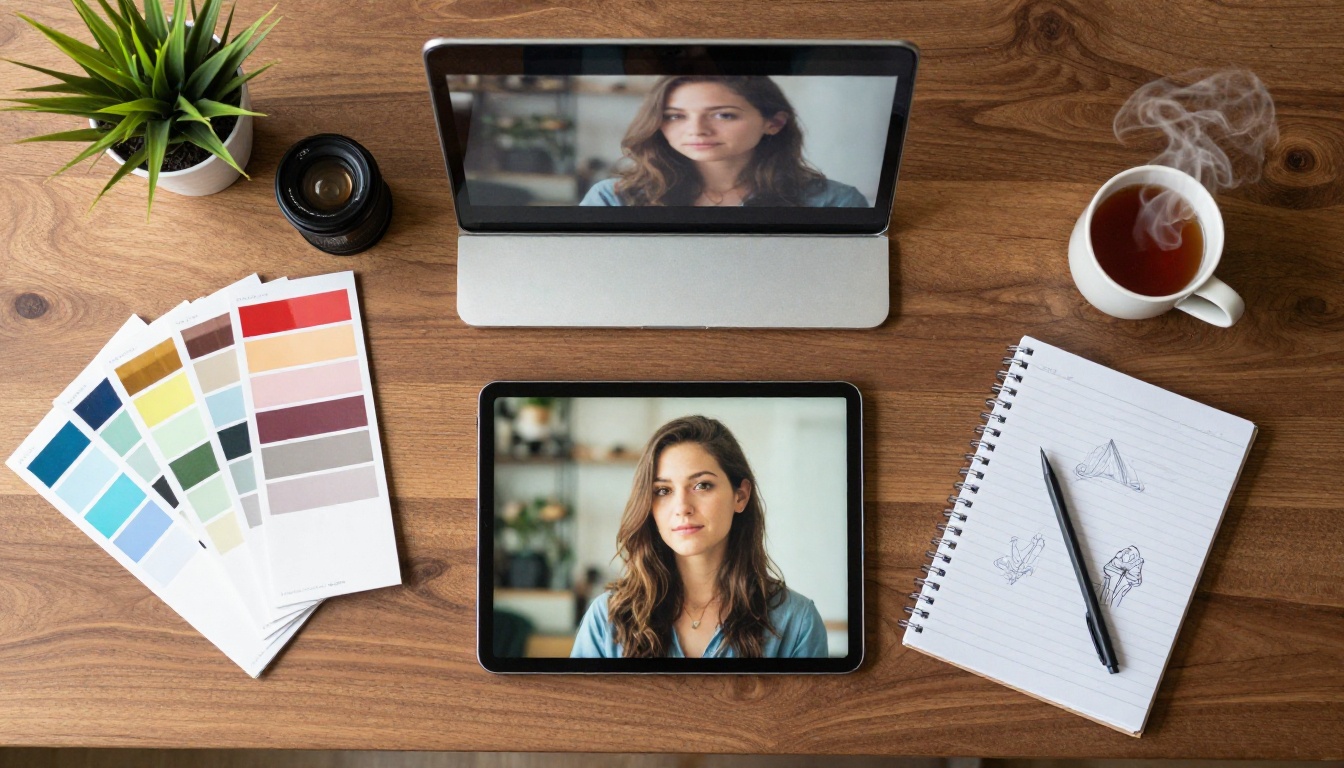 A top-down view of a creative workspace with a laptop, tablet, color swatches and a cup of tea