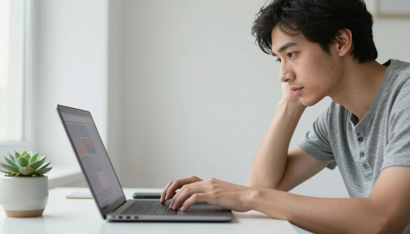 A developer leaning toward a laptop in a bright home office