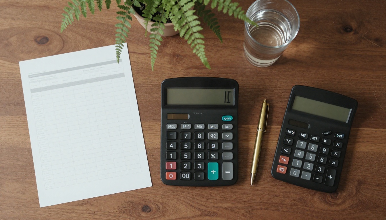 A flat-lay of a budget sheet, calculator and pen on a walnut desk