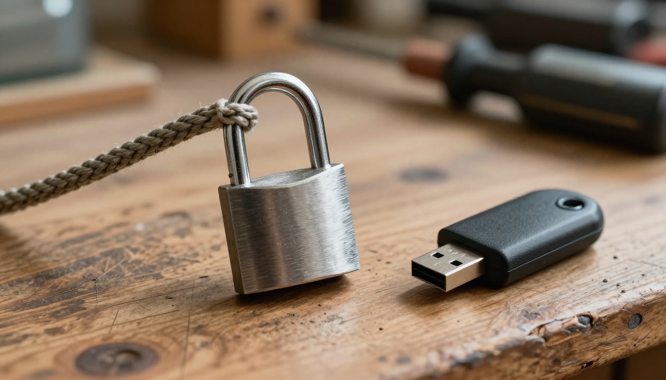 A steel padlock beside a black security token on an oak workbench