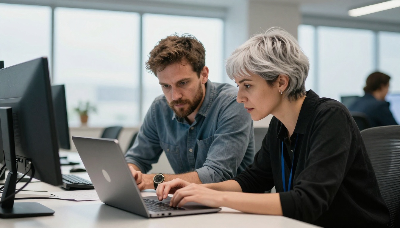Two engineers reviewing a laptop together at a shared table