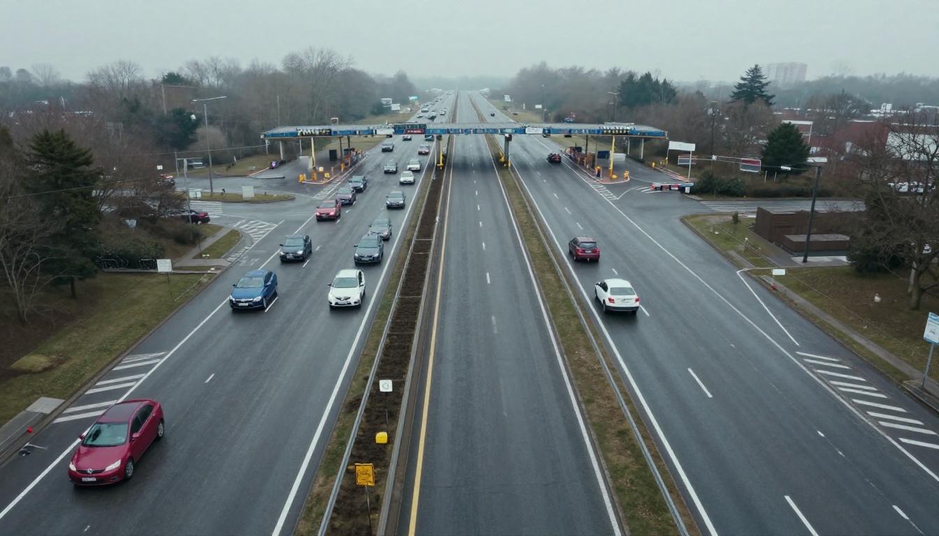 An aerial view of five toll lanes with cars queued in each