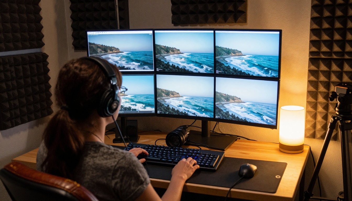 A colourist at an editing desk with two monitors