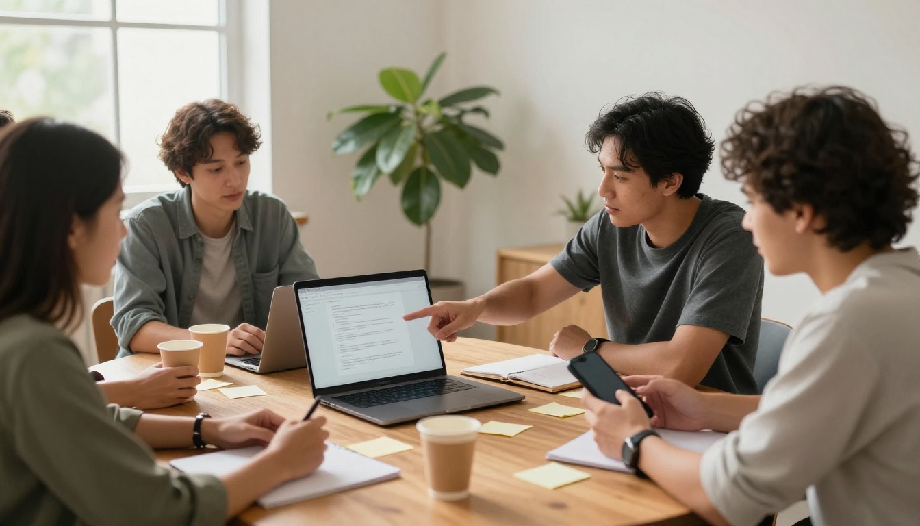 A product team gathered around a table with a laptop and phone