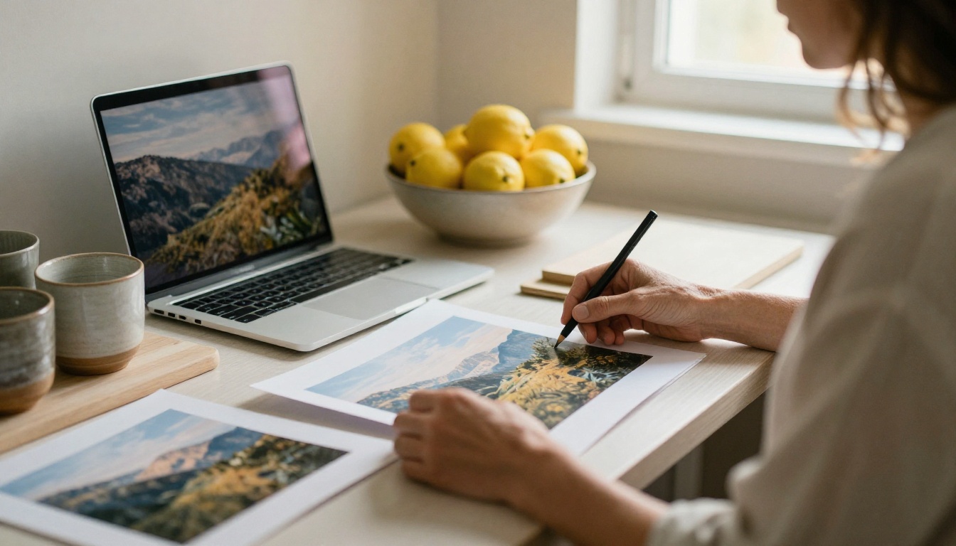 A photographer comparing a printed landscape with a laptop image