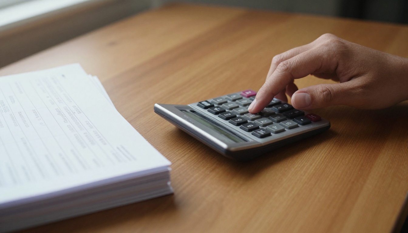 A woman's hands pressing calculator buttons beside a fanned stack of printed invoices on an oak desk