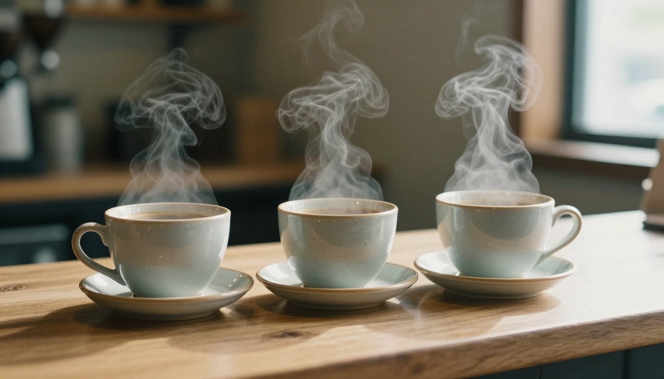 Three ceramic coffee cups in small, medium and extra large sizes on a cafe counter