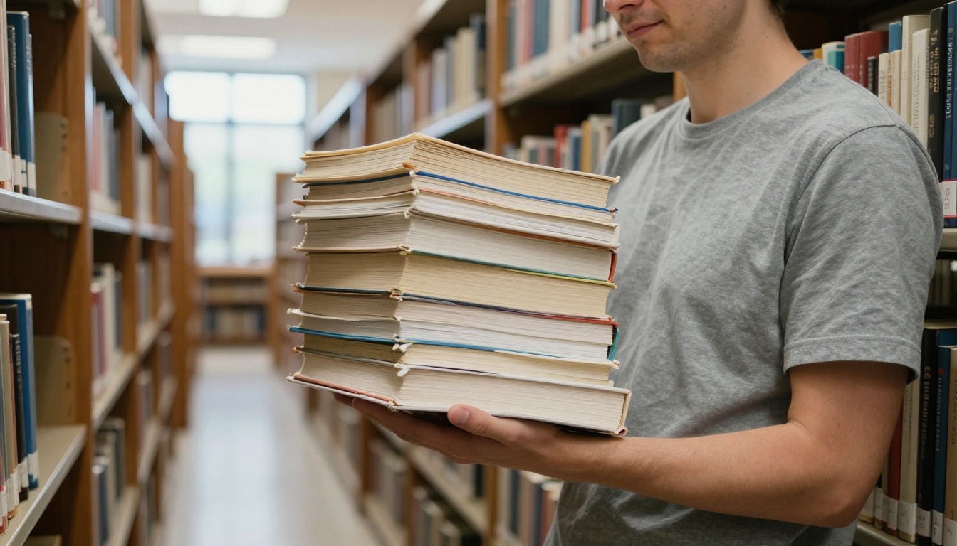 A man holding an enormously thick stack of printed pages in a quiet library aisle