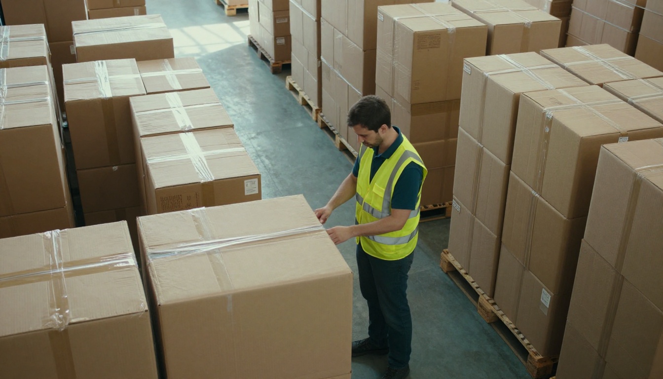 A logistics worker scanning rows of identical cardboard parcels in a bright warehouse