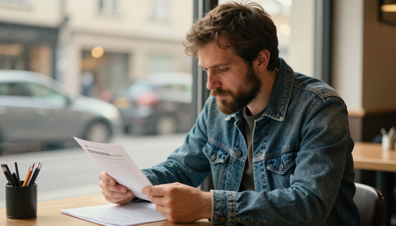 A bearded founder in a denim jacket reviewing a printed monthly statement at a cafe window
