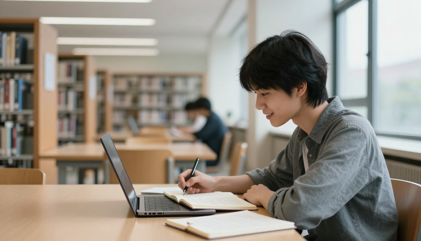A university student studying with a laptop and notebook at a long library table
