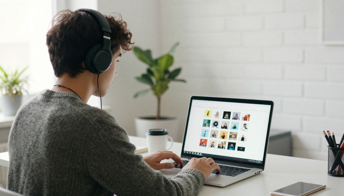Over-the-shoulder view of a young creator browsing on a laptop in a bright shared workspace