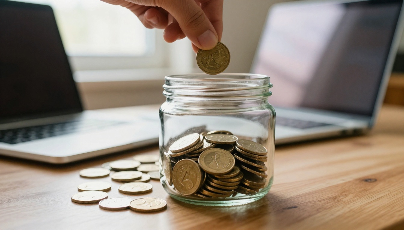 A hand dropping a gold coin into a glass jar half full of coins on a kitchen table