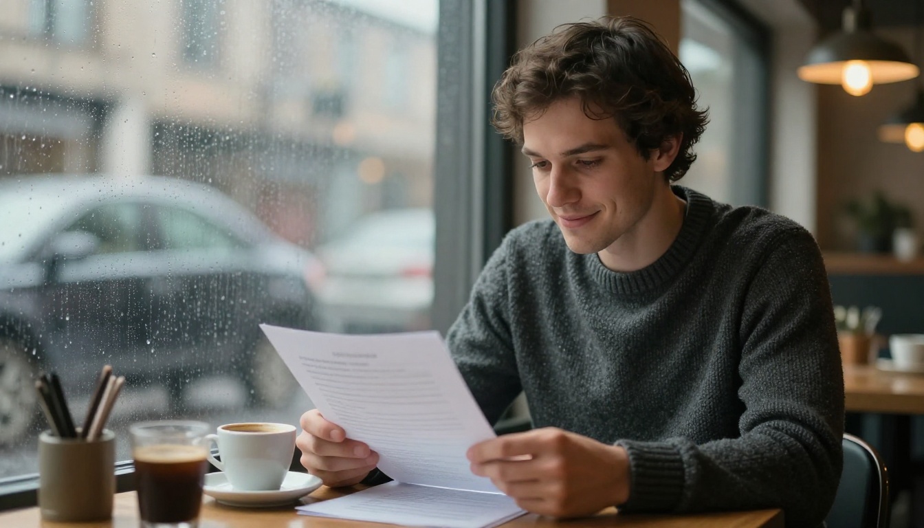 A freelance developer studying a printed sheet at a café table by a rainy window A freelance developer studying a printed sheet at a café table by a rainy window