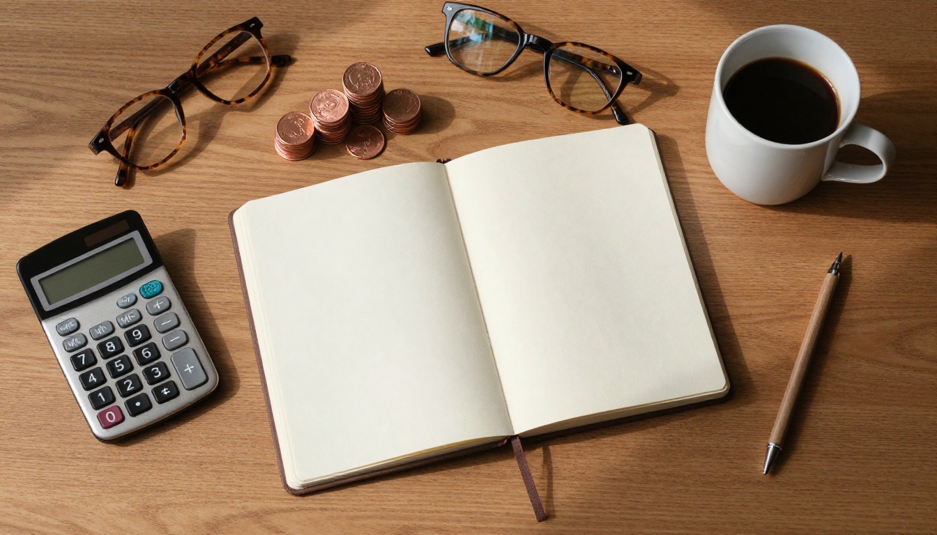 Overhead view of a desk with a calculator, coins, notebook and coffee Overhead view of a desk with a calculator, coins, notebook and coffee
