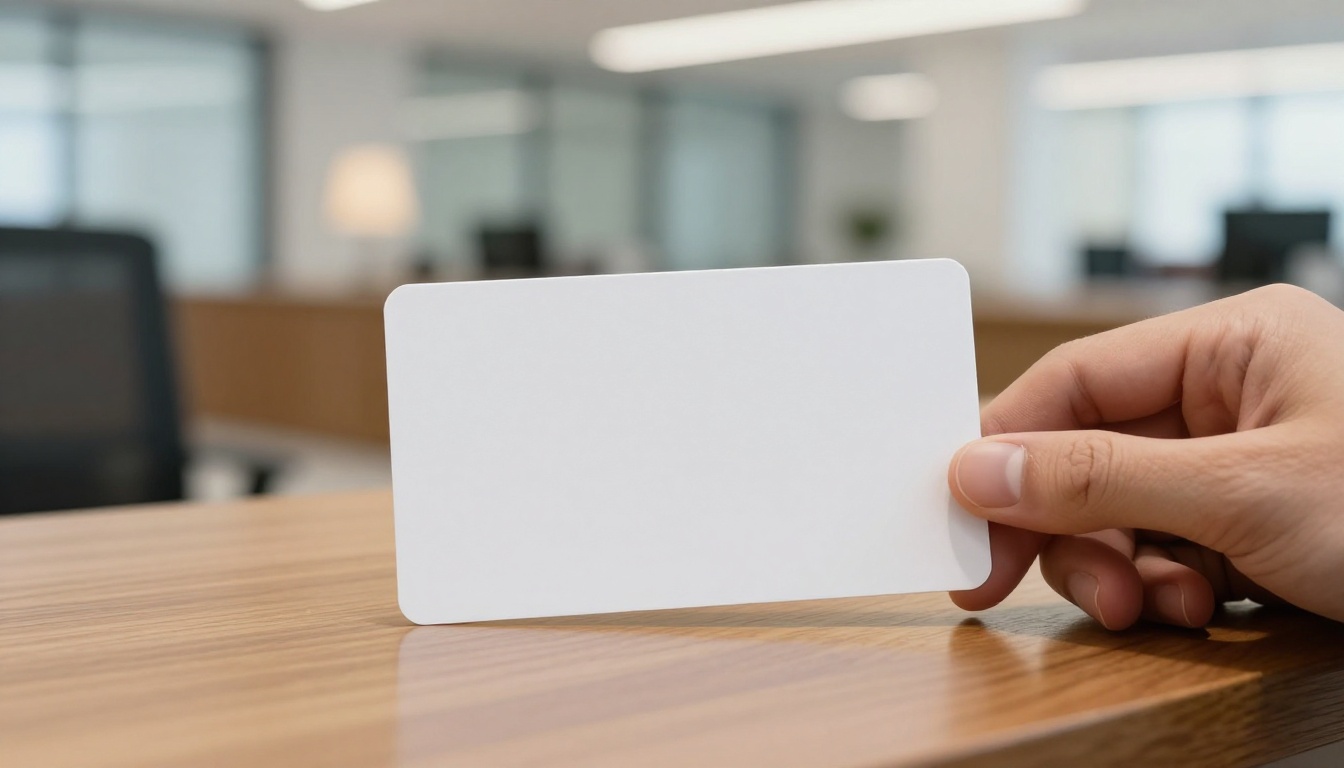 A hand sliding a white access card across a wooden reception desk to another hand