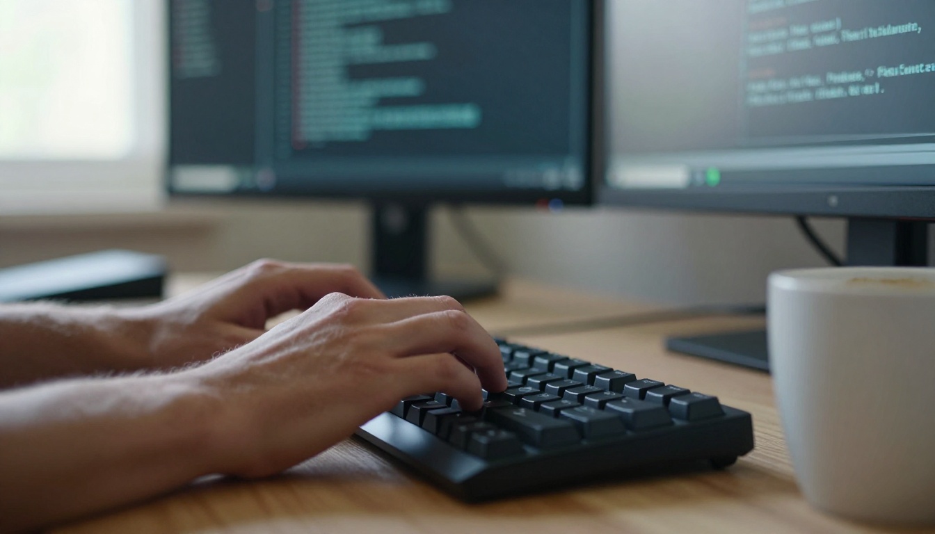 Developer hands typing at a desk with two blurred monitors behind