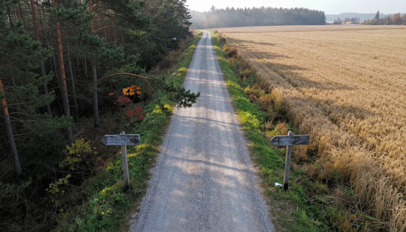 Aerial view of a gravel road splitting in two directions around a wooden signpost