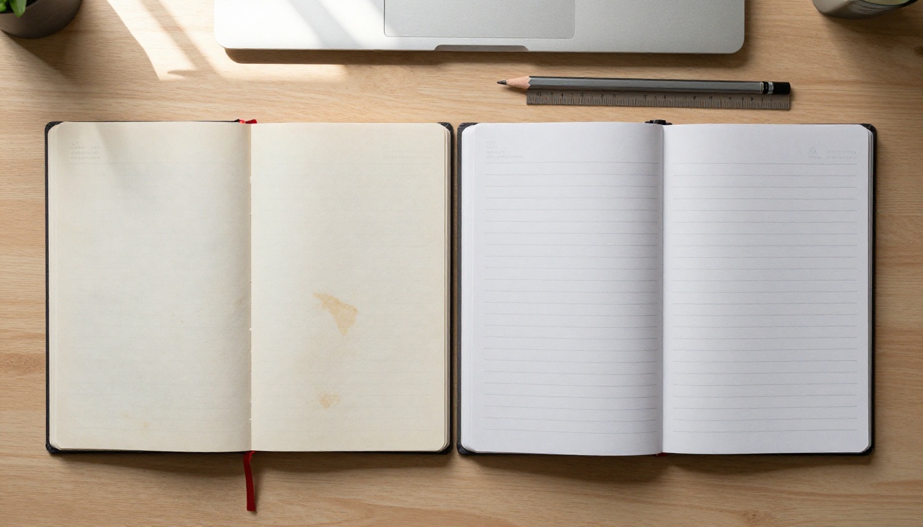 Two open notebooks side by side on an oak desk, one worn and one crisp