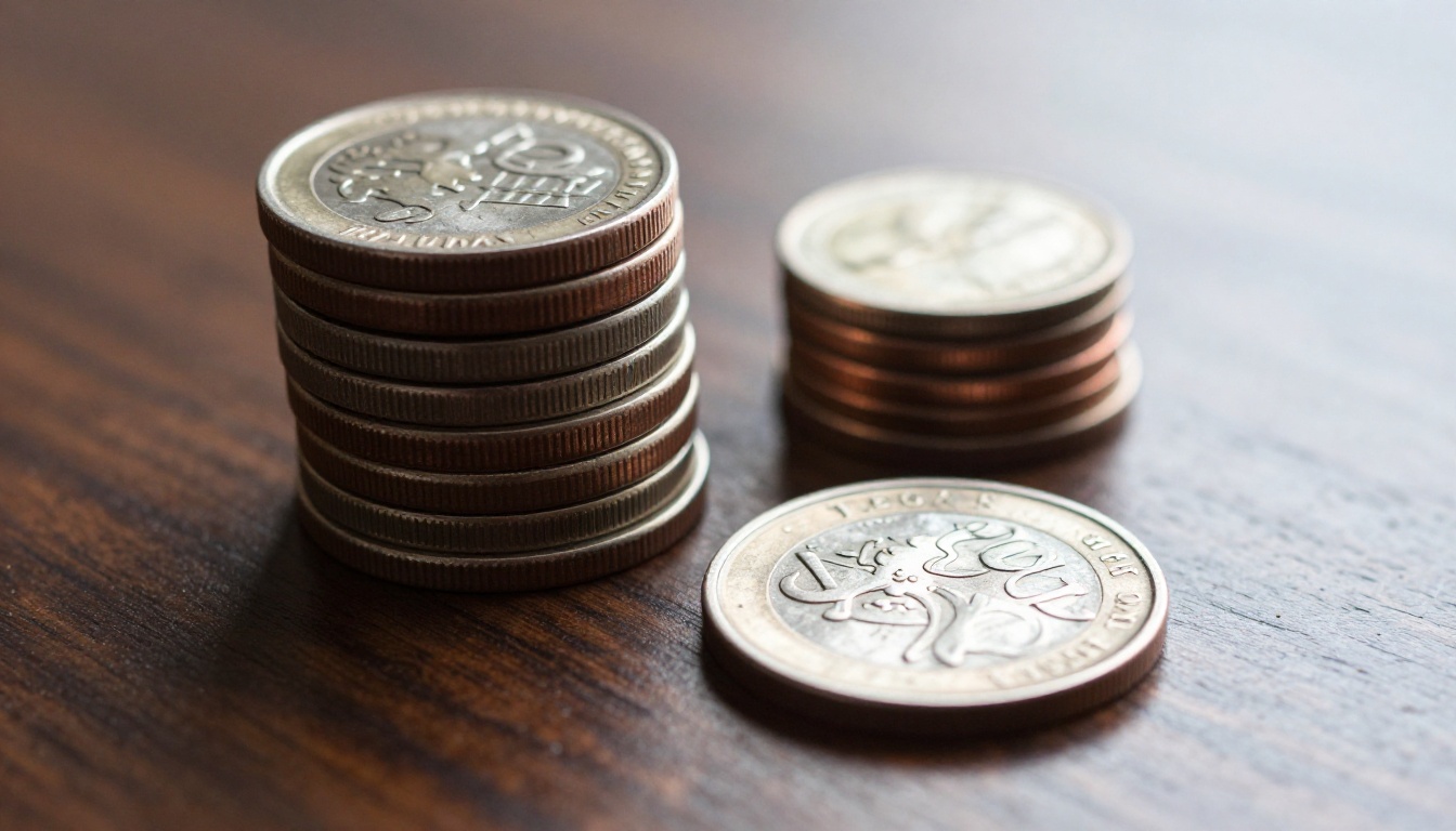 Two stacks of coins on a walnut table, the left stack taller