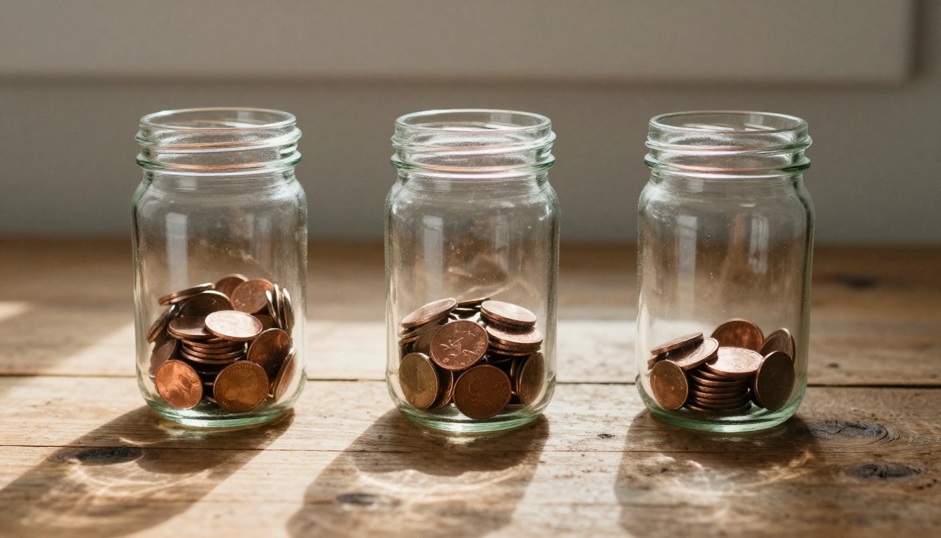 Three glass jars holding very different amounts of copper coins Three glass jars holding very different amounts of copper coins