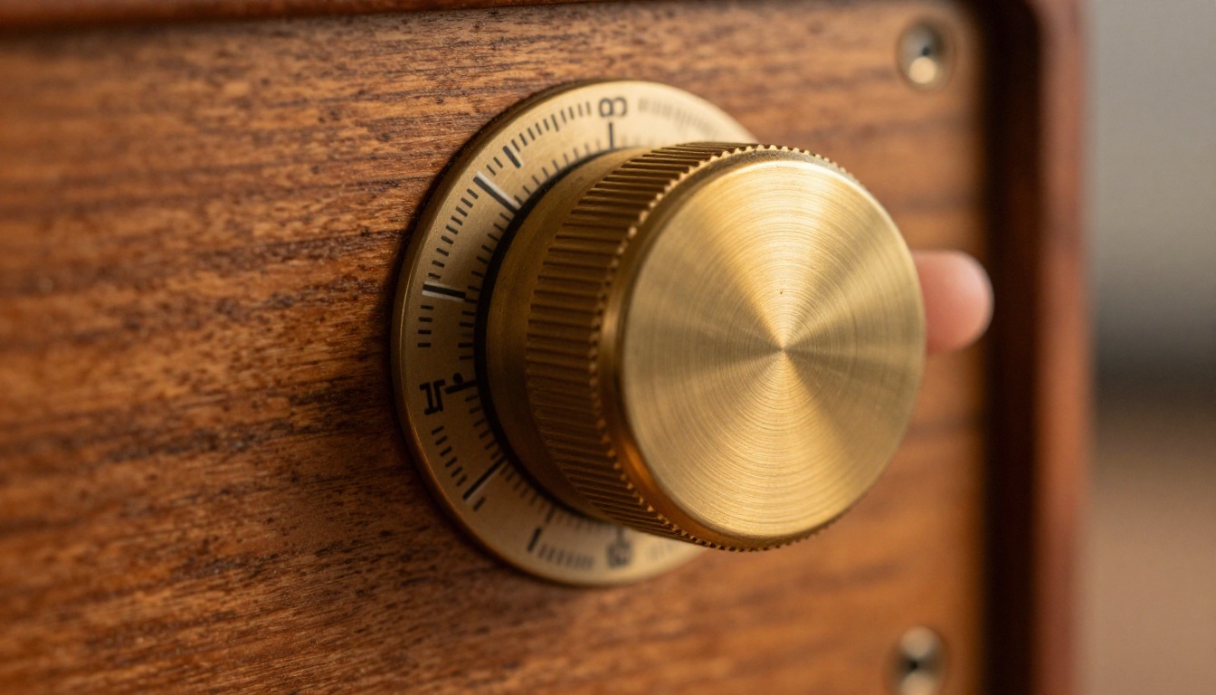 Brass rotary dial turned to the middle marking on a vintage amplifier