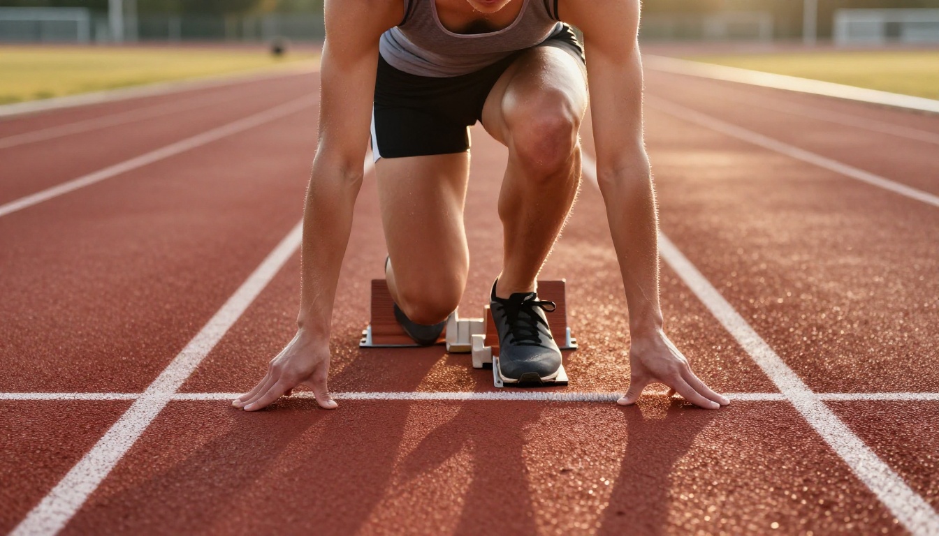 Sprinter crouched in starting blocks on a red track at sunrise
