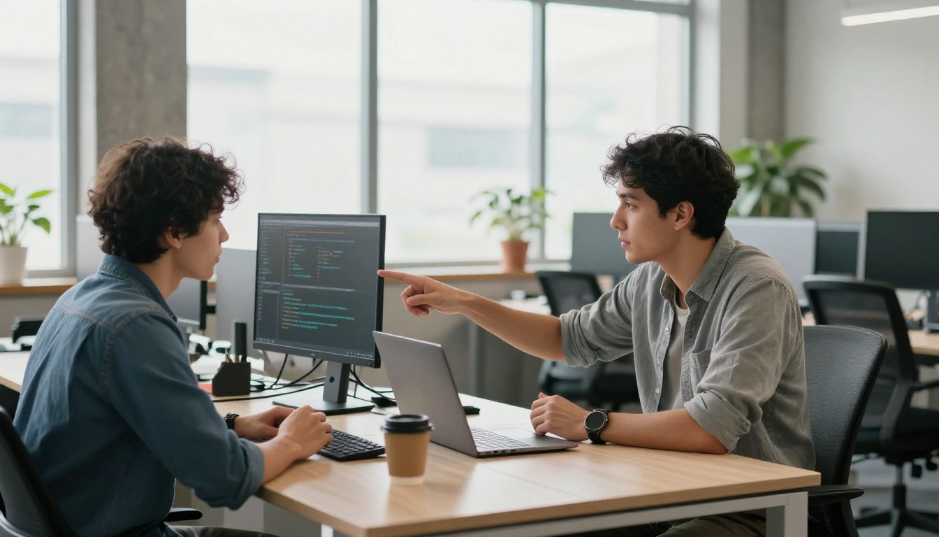 Two developers pair-programming at a shared standing desk Two developers pair-programming at a shared standing desk