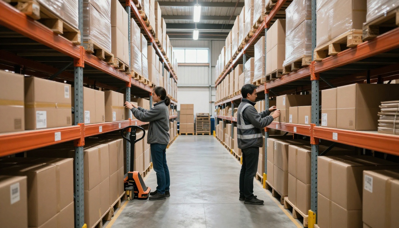 Warehouse worker scanning identical boxes on tall metal shelving