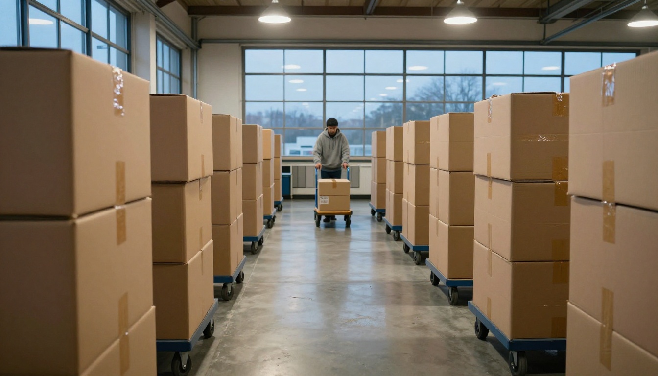 A parcel sorting room at dawn with rows of loaded trolleys A parcel sorting room at dawn with rows of loaded trolleys