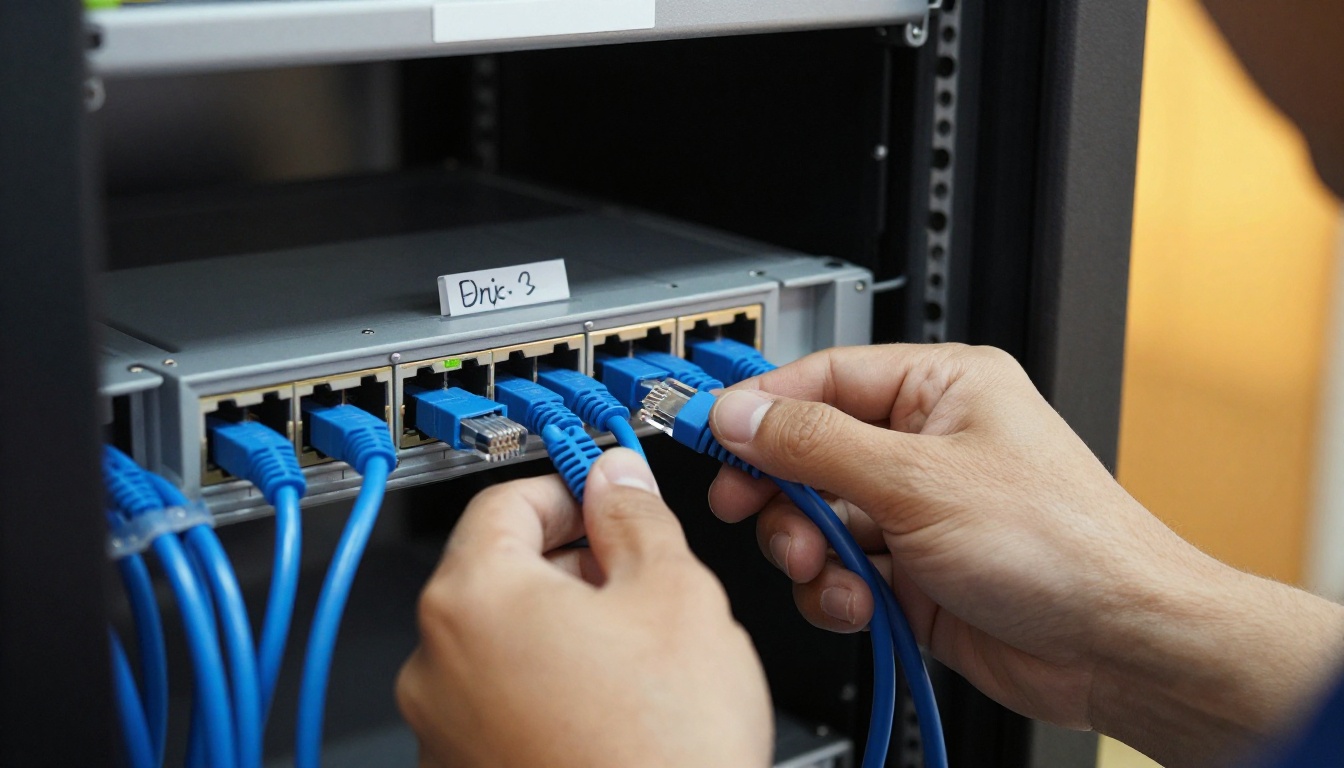 Technician plugging a blue Ethernet cable into a patch panel