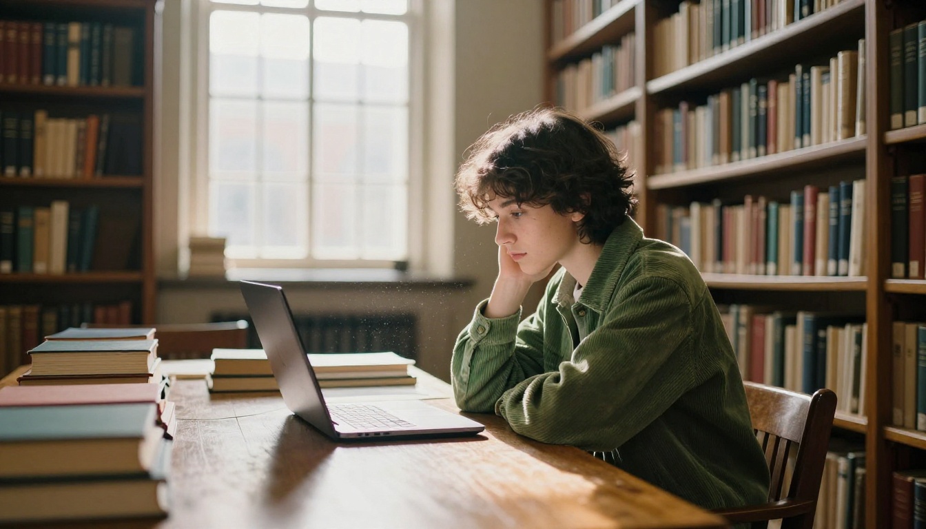 A student working on a laptop in a quiet old library A student working on a laptop in a quiet old library