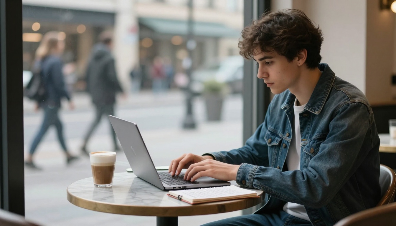 Man typing on a laptop at a cafe table with a notebook beside him
