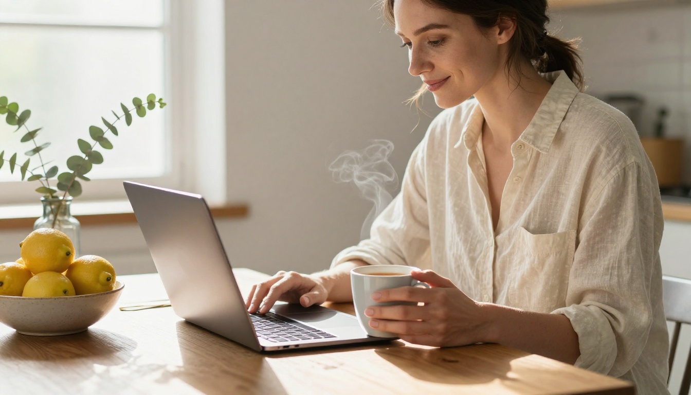 A woman reading on a laptop at a sunlit kitchen table A woman reading on a laptop at a sunlit kitchen table