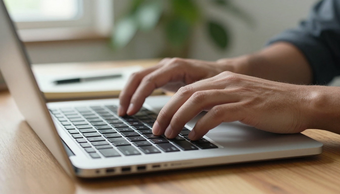 Close-up of hands typing on a laptop at a wooden desk Close-up of hands typing on a laptop at a wooden desk