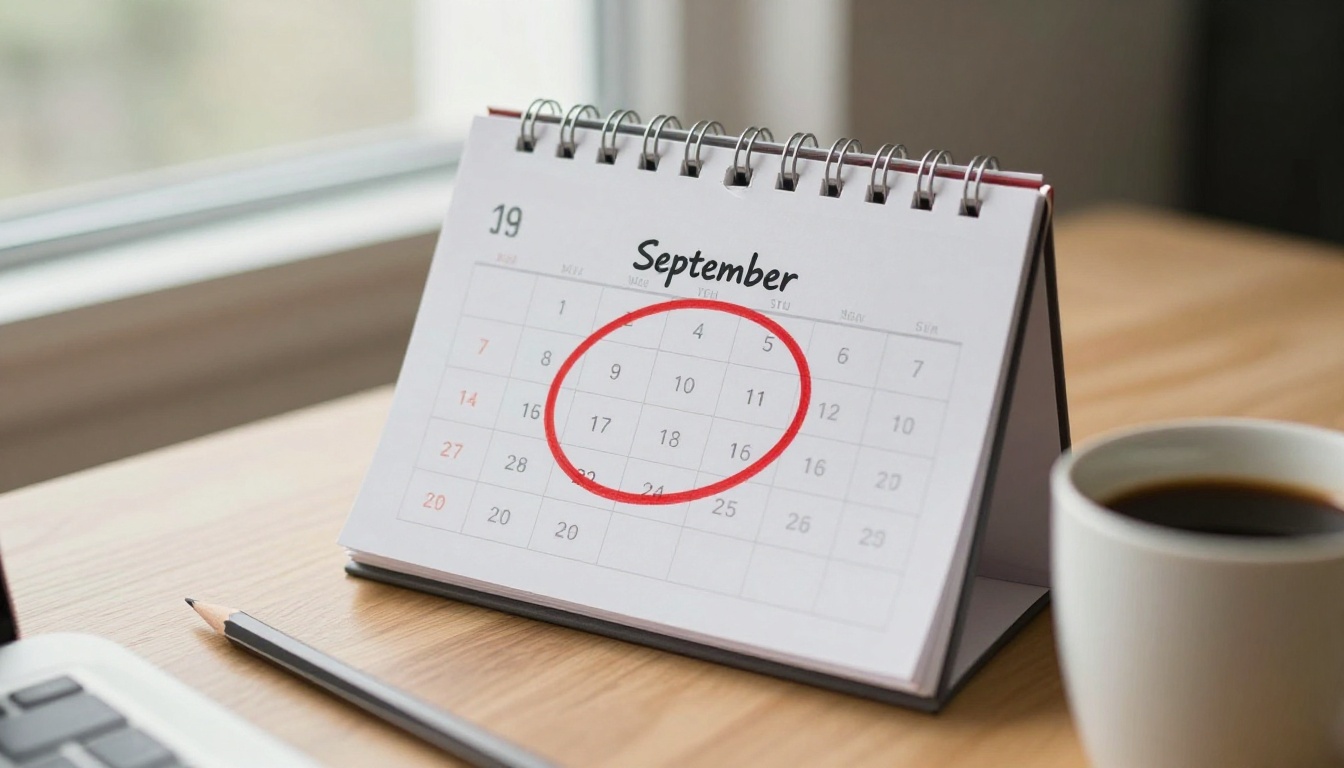 Wall calendar with a late September date circled in red marker on a desk