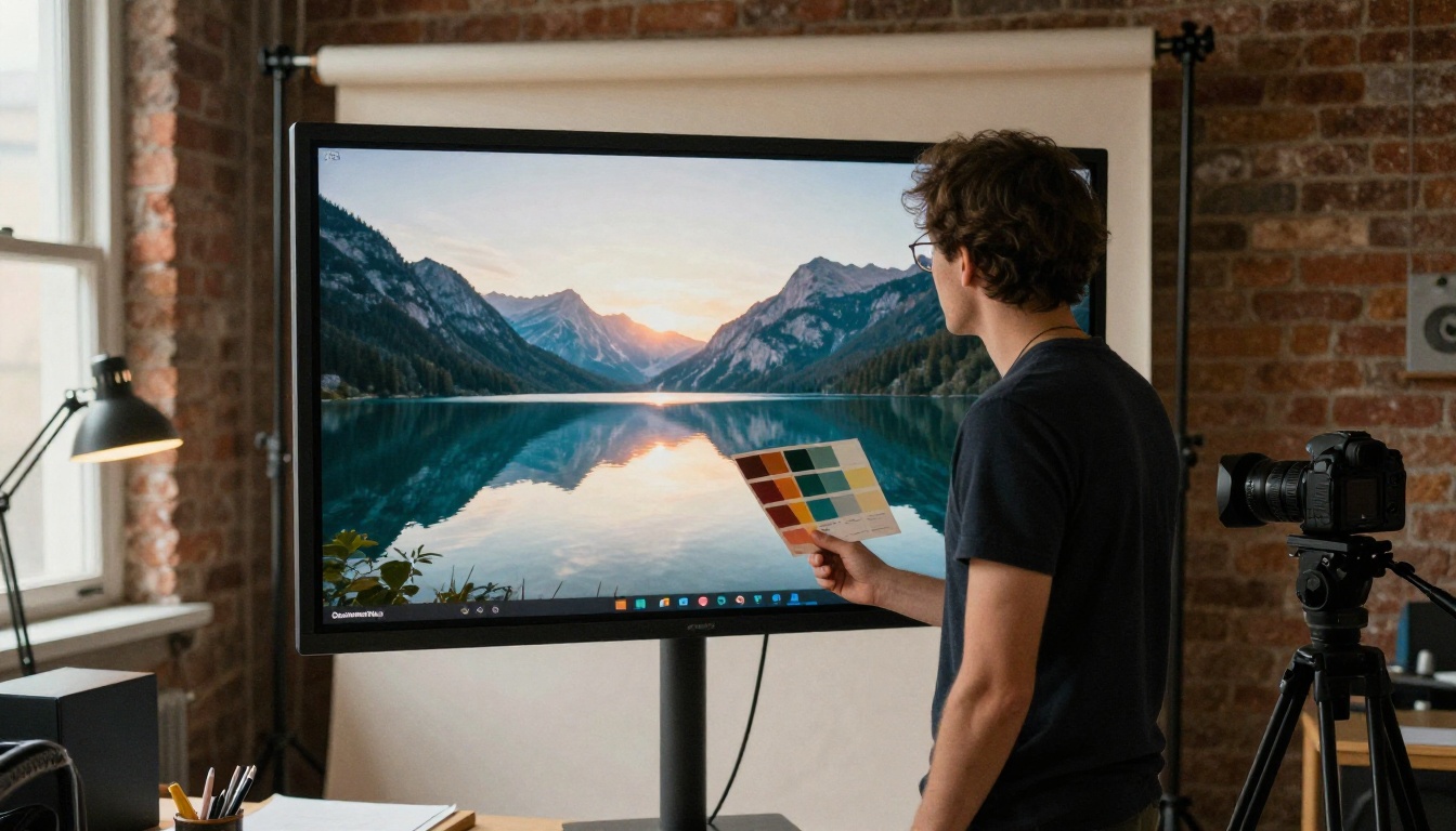 A creative director in a loft studio facing a monitor with a mountain lake photo A creative director in a loft studio facing a monitor with a mountain lake photo