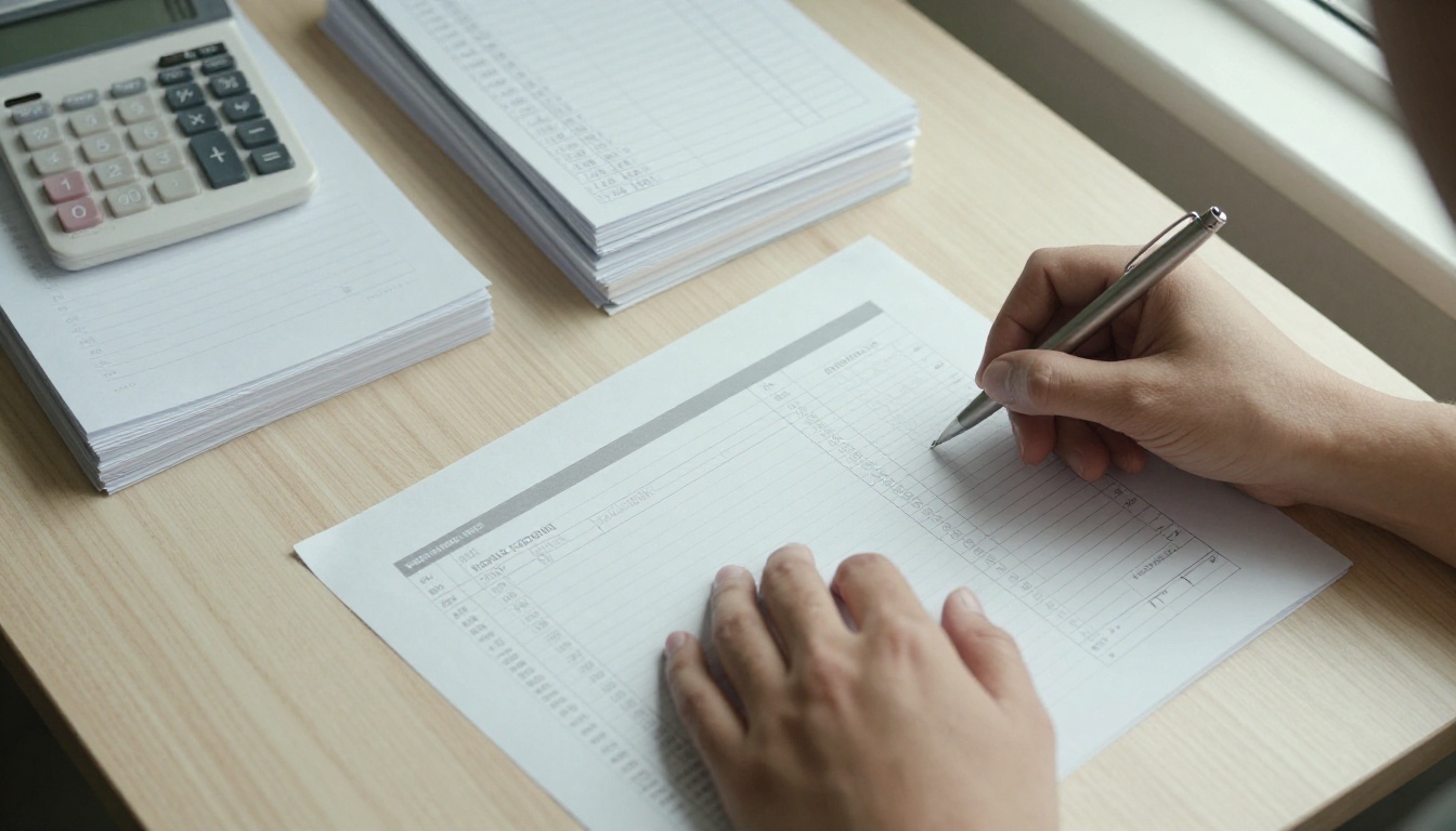 Overhead view of printed invoices, a calculator and a notebook of numbers on an oak table