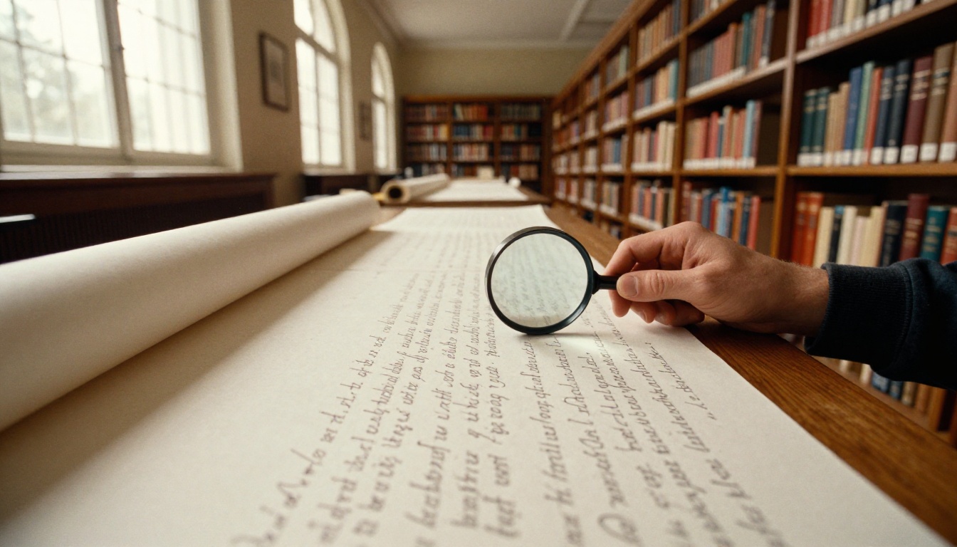 Aerial view of a very long paper scroll unrolled across a library reading table