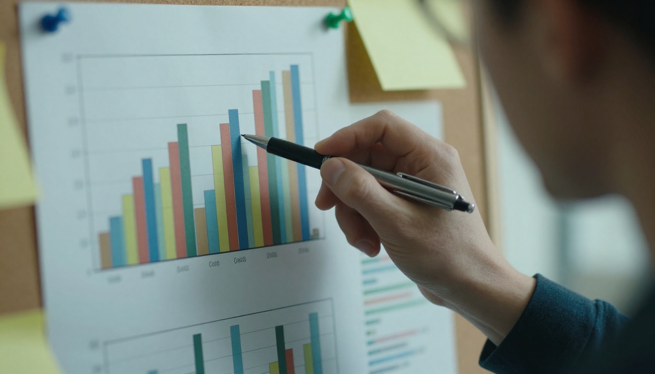 Hand pointing a pen at printed bar charts pinned to a cork board