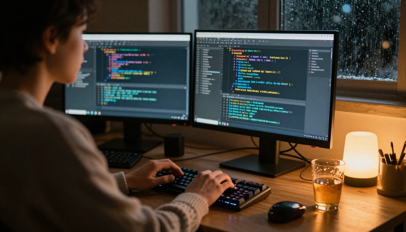 Developer typing at night with two monitors showing code and a warm desk lamp