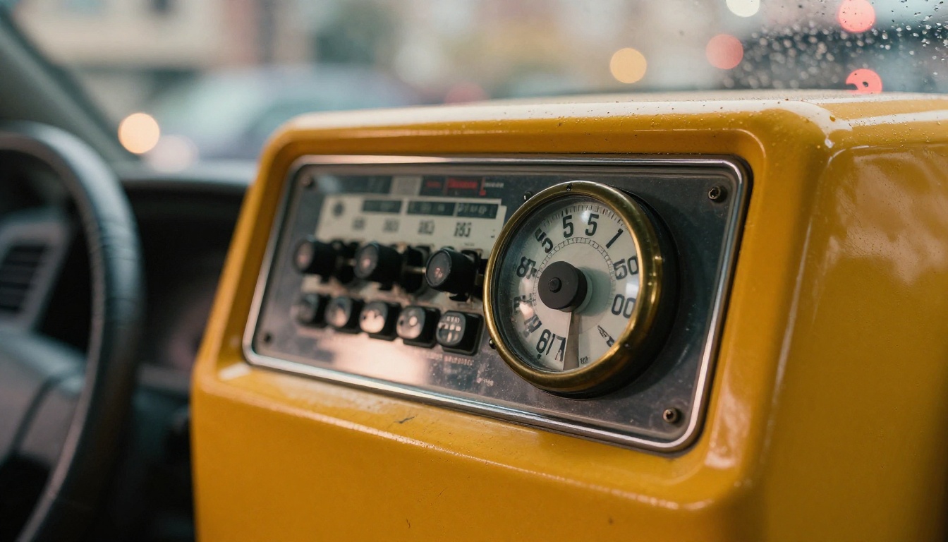 Close-up of a yellow taxi fare meter with the numbers rolling during a rainy ride