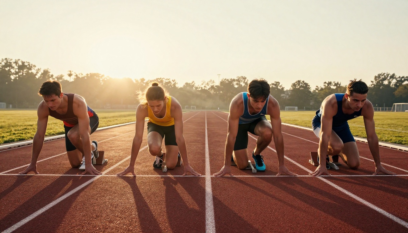 Four sprinters crouched at the starting blocks of a running track at sunrise